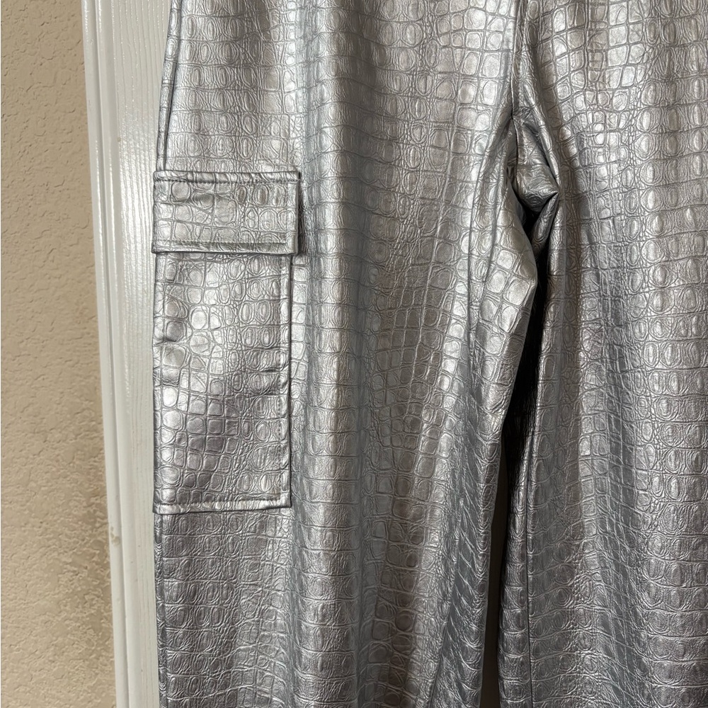 NAKED WARDROBE The Crocodile Faux Leather Joggers Metallic Silver Size Small NWT - Picture 7 of 13